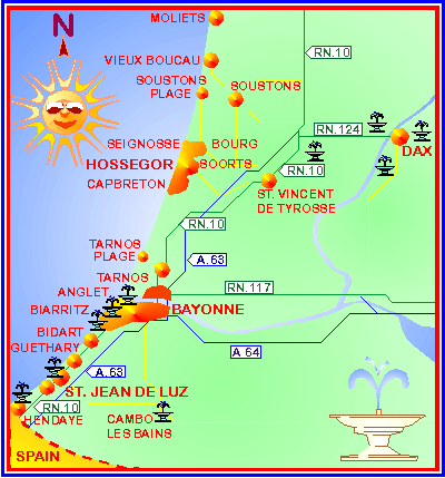 Map of thalassotherapy, balneo and thermal spa towns and centres in south west france